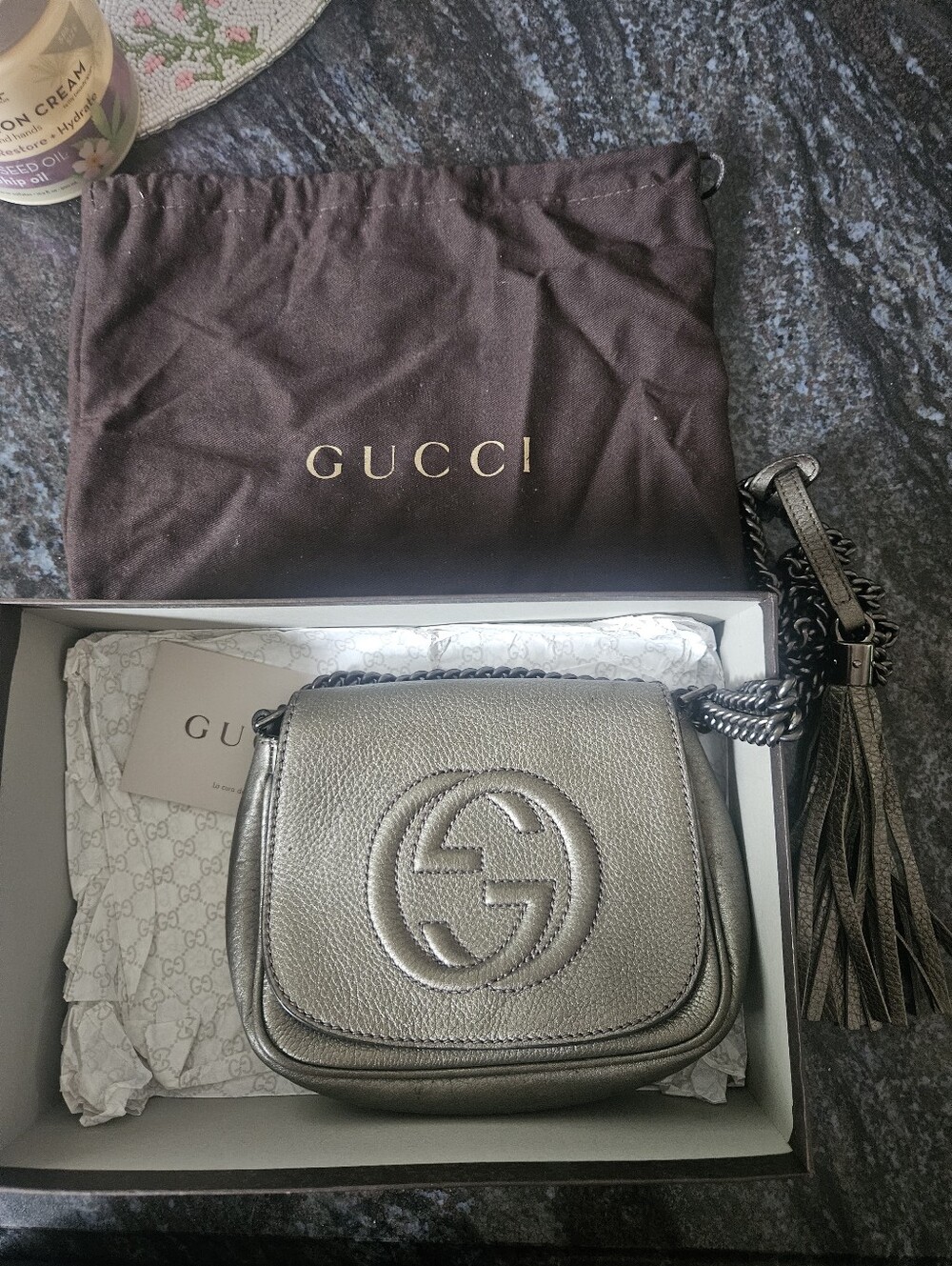 Gucci Pewter Soho Leather Crossbody with Tassel